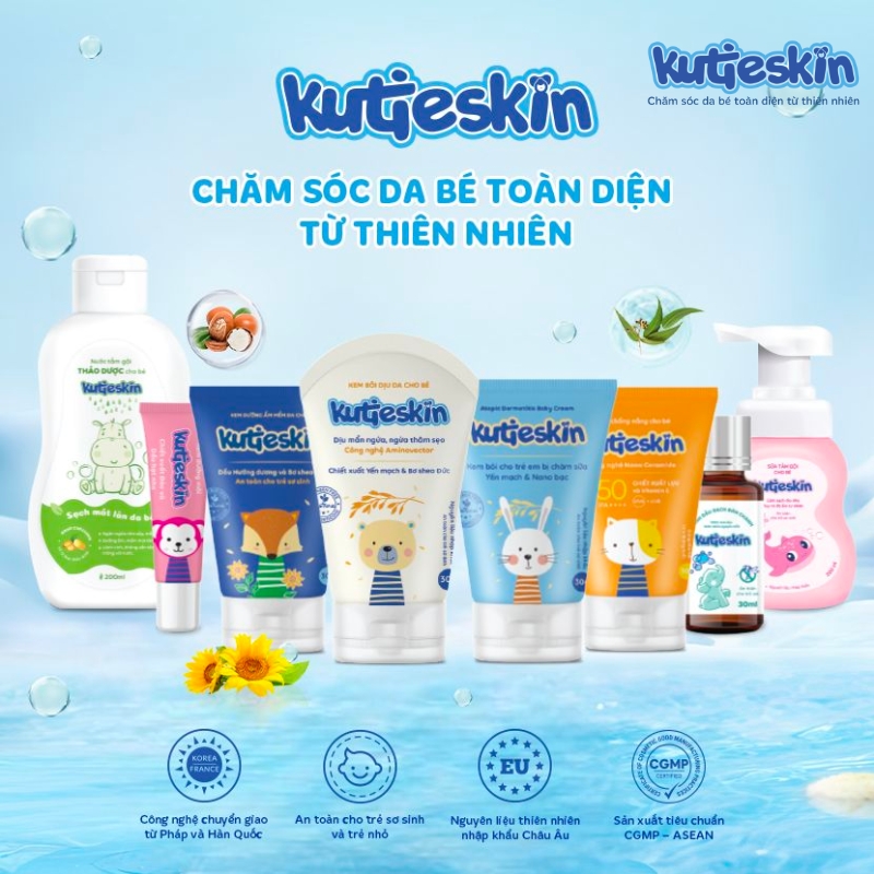 Mẹ nên sử dụng sữa tắm dưỡng thể với các sản phẩm chăm sóc da khác của nhà Kutieskin để bé yêu có một làn da khỏe mạnh